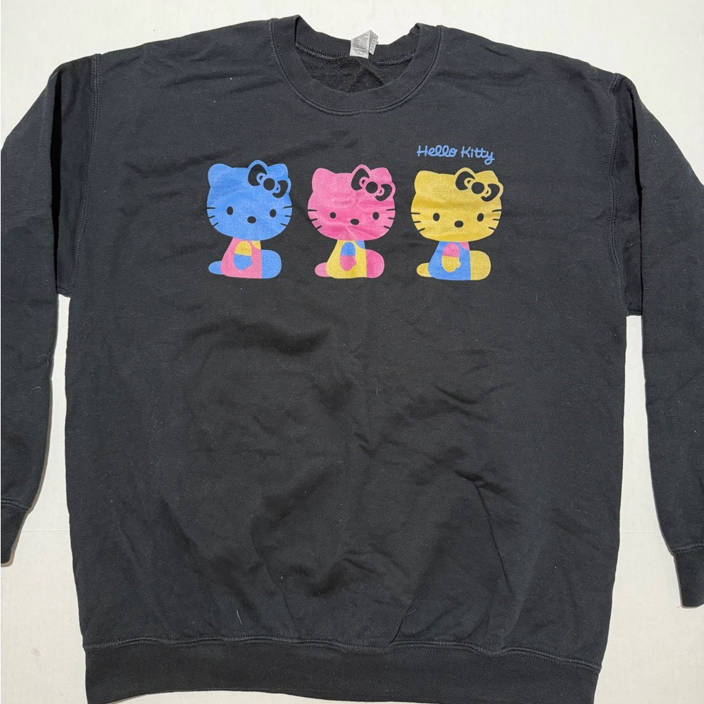 Hello Kitty, black crewneck, colorful‎ character, men's Large sweatshirt